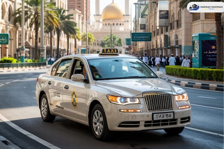 Image shows the Taxi on the road of makkah - Best Taxi in Makkah